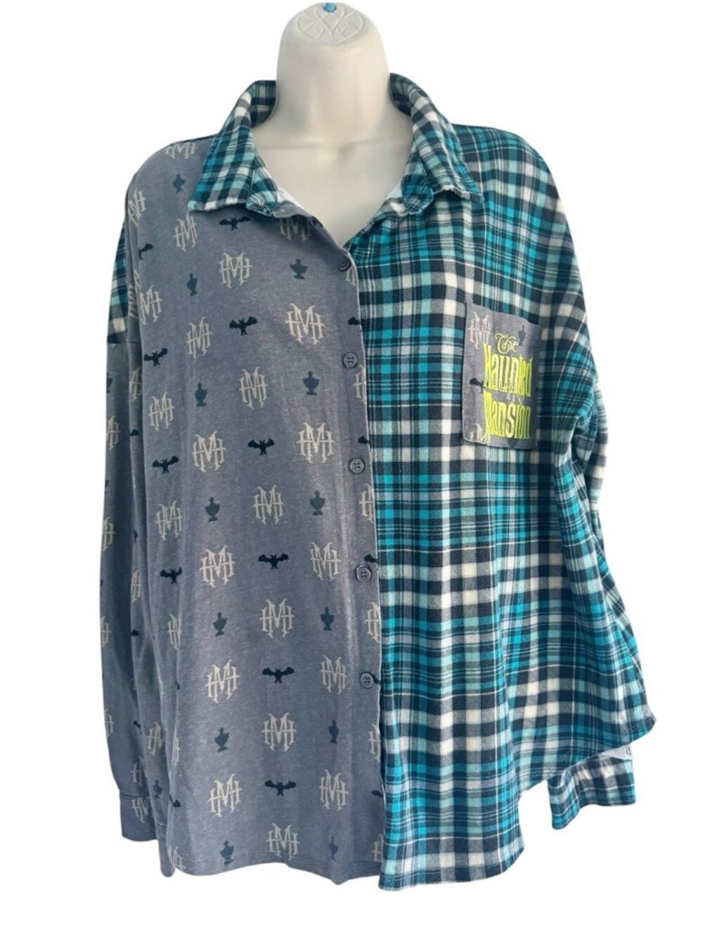 DISNEY The Haunted Mansion Multicolor Blue/Gray Flannel Plaid Shirt Womens Sz XL